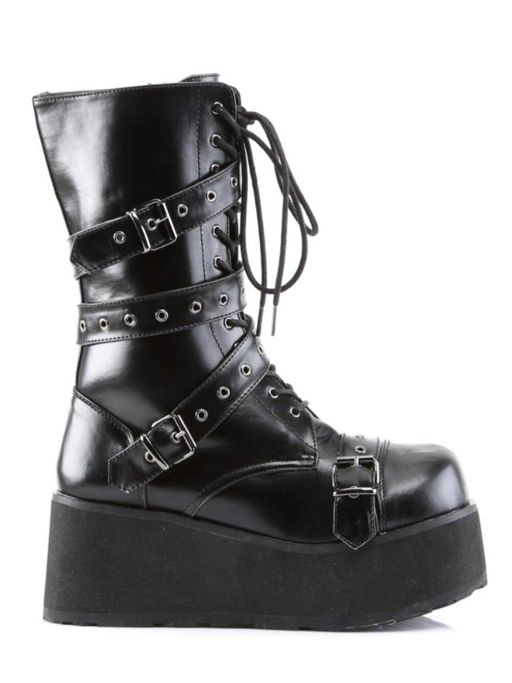 Goth Punk Calf Boots with Wrap-Around Strap and Inner Side Zip Closure